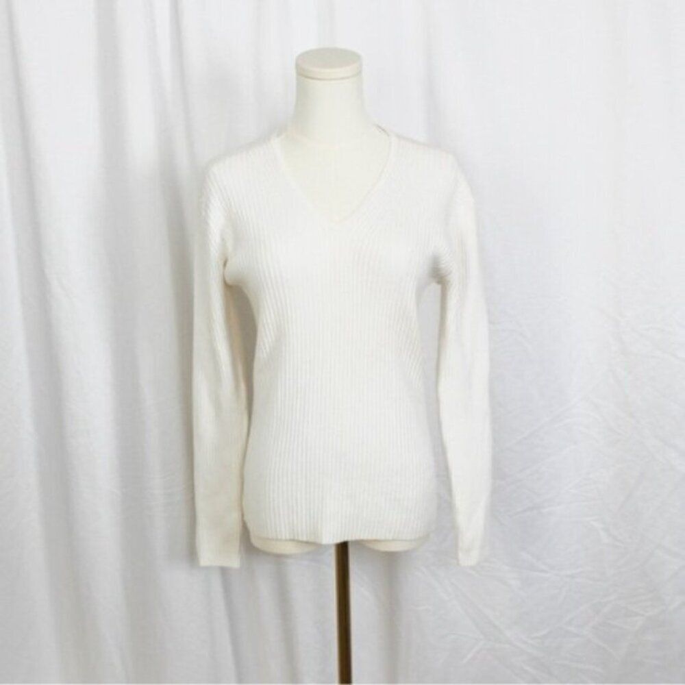 Y2K GAP White Ribbed Long Sleeve V-neck Top Large